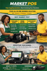 MARKET POS Stop Juggling Systems. Start Growing Your Business. YOUR ALL-IN-ONE BUSINESS SOLUTION Cloud-based POS system that handles sales, inventory, multiple locations, e-commerce, and business insights—all in one place. WHY MARKET POS? 💰 STOP LOSING MONEY See your real numbers daily - Know which products, stores, and staff make money Cut inventory costs by 20-30% - Auto-tracking prevents over-ordering and stockouts End theft & errors - Every transaction tracked with who, what, when Smart pricing - Track margins in real-time, adjust instantly across all locations ⚡ WORK FASTER Lightning checkout - Barcode scanning + auto-calculations = happy customers Reports in seconds - Click, export, done. No more late nights with spreadsheets Train staff in hours - Intuitive interface, anyone can learn it Automation handles the boring stuff - Stock updates, receipts, and accounting exports happen automatically 📈 GROW WITHOUT LIMITS Up to 50 locations - One dashboard controls everything Unlimited products & transactions - Scales as you grow Sell everywhere - In-store, online, B2B—same inventory, real-time sync 50 users per location - Each with their own login and permissions 🎯 UNDERSTAND YOUR BUSINESS Real-time insights that drive decisions: Which products are moneymakers? Which locations perform best? Who are your star employees? Where\'s your inventory right now? What\'s happening with returns? 🎁 EXTRAS THAT MATTER Built-in e-commerce - Start selling online instantly Business directory - Connect with suppliers and partners Cloud-based security - Automatic backups, access anywhere Use what you have - Works on any laptop, tablet, or desktop WHAT IT COSTS SOFTWARE: ZMW 2,500/year OR $150/year (flat rate, unlimited users) HARDWARE: Use your own, or we supply for ZMW 3,500-5,000 (delivered) If you\'re losing just ZMW 500/month to poor inventory management, Market POS pays for itself in 5 months. GET STARTED IN ONE WEEK ✓ Set up in days, not months ✓ Train staff in hours, not weeks ✓ See results immediately READY TO TRANSFORM YOUR BUSINESS? Contact us for a demonstration Market POS — Because your business deserves better than spreadsheets. Cloud-Based • Multi-Location • Real-Time Reporting • E-Commerce Ready